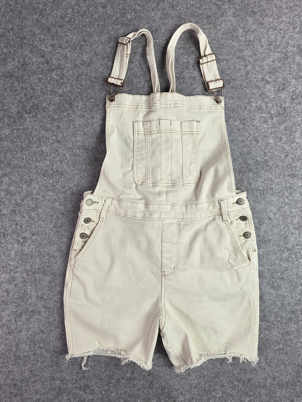 Judy Blue Cream Denim Short Overalls with Leather Label Distressed XL Cutoffs